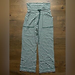 Pact Organic Cotton Lounge Pants Striped Foldover Wide Leg In Green/White Size M